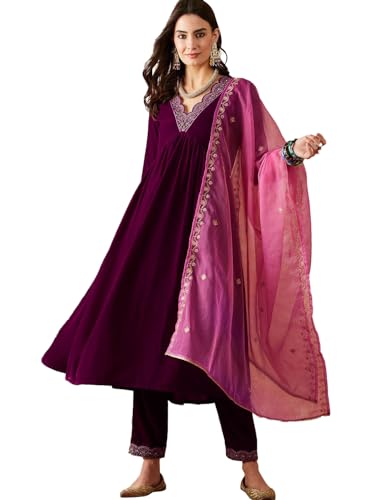 Image of SheWill Women's Zari Sequence Embroiderd Velvet Kurta with Pant and Dupatta| Salwar Suit Set with Dupatta| Velvet Kurta Set Women| Kurta Set for Women|Kurta Set with Dupatta for Women| Anarkali Kurta