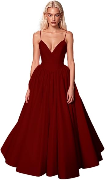 A-line V-Neck Spaghetti Straps Evening Gown for Women Girls Satin Prom Party Dresses for Formal Occasion