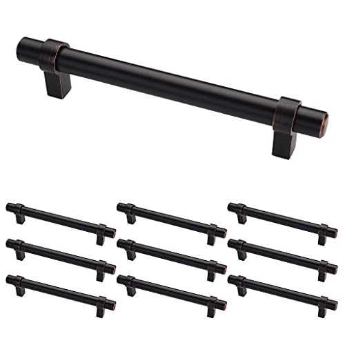 DecoBasics Cabinet & Drawer Pulls for Kitchen, Bathroom, Shower, Dresser (10 Pack) - Euro Solid European T-Bar Style Stainless Steel Door Handle Hardware - Hole Center 5” (128 mm) - Oil Rubbed Bronze