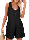 Vossmi Jumpsuits für Damen Kurz Outfits Jumpsuit Damen Elegant Overall Kurzer Sommer Strand mit Druck Playsuit Ärmellos Strampler Weites Bein Taschen Schwarz,L