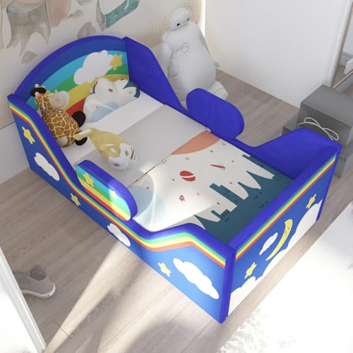 Toddler Bed, Child Bed for Kids with Extra Safty Broad, Standard Crib Size Toddler Bed, Certified Fabric Toddler Beds,Toddler Flood Bed (Night Blue)