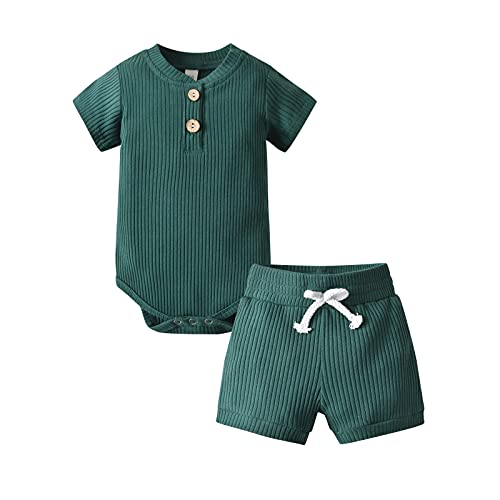 Derouetkia Summer Newborn Baby Boy Girl Clothes Solid Color Ribbed Romper and Shorts Outfits Set