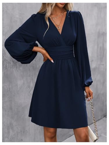 Image of SOLY HUX Women's Elegant Dress V Neck Long Sleeve High Waist Swing Prom Cocktail Short Dresses