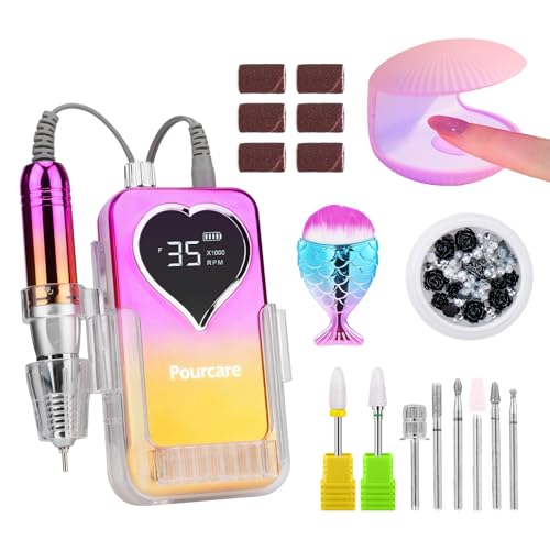 Image of Professional Electric Nail Drill Machine for Acrylic Nails, 35000 RPM Electric Nail File Tool Set, Portable E-File Rechargeable Manicure Pedicure Polish Kit for Home Salon Tech (Heart Sunset Gold)