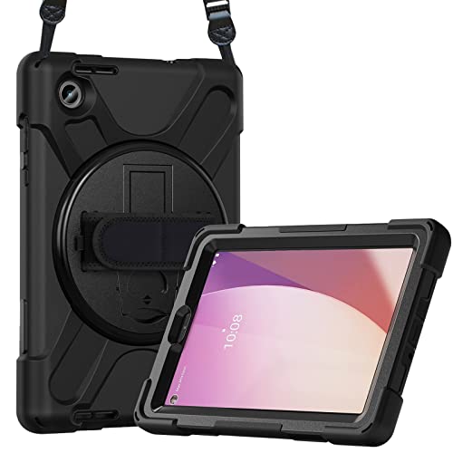 ProCase for Lenovo Tab M8 4th Gen Case 8 Inch 2023 TB-300FU/TB-300XU, Heavy Duty Shockproof Rugged Protective Cover Rotating Kickstand with Handle Holder Shoulder Strap –Black