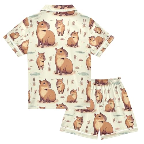 senya Capybara Friends Satin Summer Pajama Sets Silk Short Sleeve Button Down Sleepwear2
