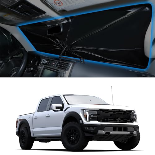 Image of Windshield Sun Shade Umbrella for 2021-2026 Ford F150 F-150 | Full covered for windshield, Block UV Rays, Heat Reduction, Easy to install, Durable & Fold Up Small