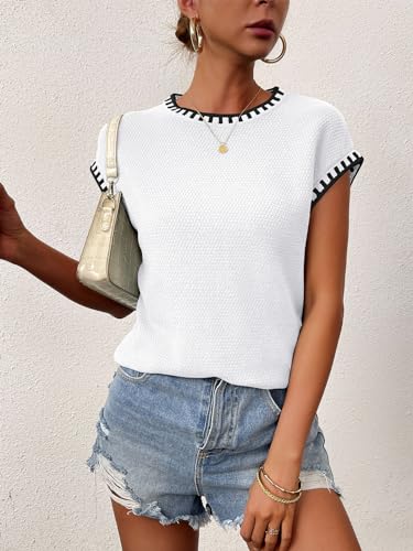 Image of Cap Sleeve Sweater Tops for Women 2026 Knit Summer Sleeveless Tank Vest | Slim Fit, Trendy Color Block, Soft, Skin-Friendly, Strechy, Lightweight, Breathable, Casual Daily Wear