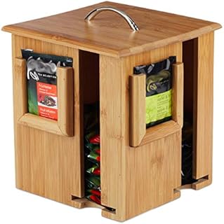 Relaxdays Tea Box, Rotatable Tea Container, Removable Lid, 4 Compartments for app. 160 Tea Bags, HWD 20.5 x 18 x 18 cm, Natural
