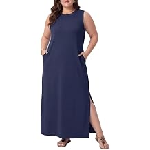 OLRIK Plus Size Sleeveless Maxi Dress Summer Casual Side Slit Crew Neck Sundress Long Beach Dress with Pockets