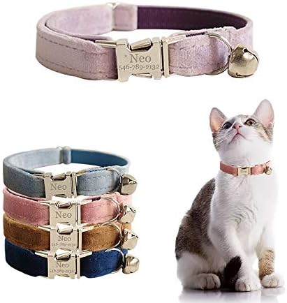 Personalized Cat Collar with Name Plate,Adjustable Tough Nylon Cat ID Collars with Bell,Customize Engraved Pet Name and Phone Number (Velvet Style B)