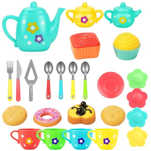 Kids Tea Set for Girls, 25-Piece Pretend Play Toy Tea Set for Toddlers, Includes Teapot, Cups and Plates, Ideal for Social Skills Development and Group Play