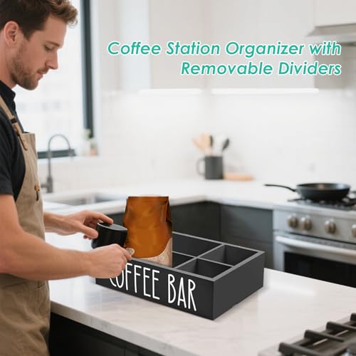コーヒーバー オーガナイザー | 木製ティー収納オーガナイザー 取り外し可能な仕切り付き - キッチン収納アクセサリー 休憩室・店舗・家庭用 シロップカップ アウトドア攪拌スティック対応