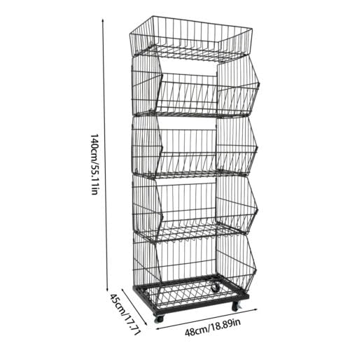 5 Tier Retail Display Rack, 44LBS Capacity Per Tier Slanted Basket Merchandise Rack with 4 Wheels, Metal Wire Display Shelf Cart for Store Home Kitchen