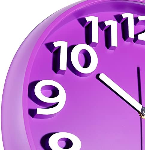 Plumeet 13'' Large Wall Clock, Non-Ticking Silent Quartz Decorative Clocks, Modern Style Good for Home Kitchen Living Room Bedroom Office, Big 3D Number Display, Battery Operated (Purple)