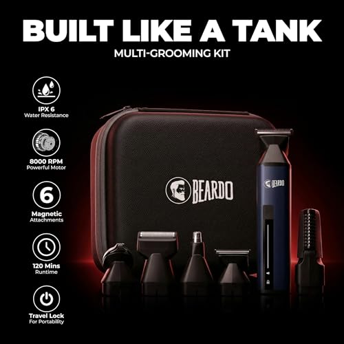 Image of Beardo Godfather Premium Trimmer Kit for Men | Full Body Grooming Kit with 6 Magnetic Attachments | 8000 RPM Motor, 120 Min Runtime, Travel Lock | Self-Sharpening Blades, Aluminium Body | Full Body Trimmer for Men