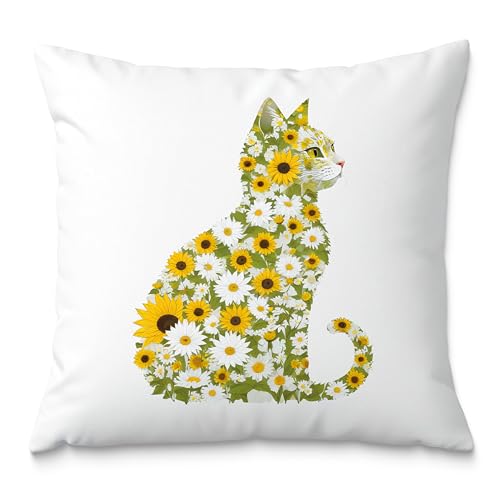 Fuasei Daisy Floral Cat Pillow Covers 18x18, Gifts for Cat Lovers Mom Lady Owners, Elegant Kitten Kitty Decorative Pillow Covers for Home Bedroom Living Room Decor, Pet Lover Gifts