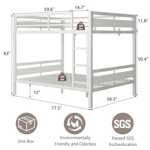 Image of iPormis Metal Bunk Bed Full Over Full, Heavy Duty Bunk with High Guardrail and Safety Entrance Design, Under-Bed Storage Space, Easy Assembly, Noise Free, White