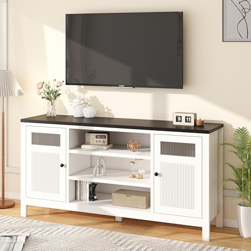 Vrmuxita White TV Stand with Storage: 63" Tall Entertainment Center for TVs Up to 70 inch, Long TV Consoles for Living Room, Modern Fluted Media Console with 2 Doors, Black Countertop (White)