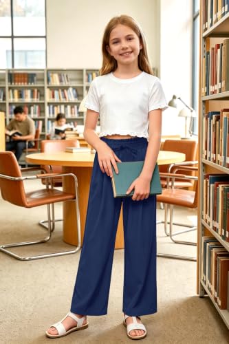 Image of Girls Summer Floral Wide Leg Pants High Waisted Flowy Dress Trousers with Pockets for School Lounge Beach 5-14 Years