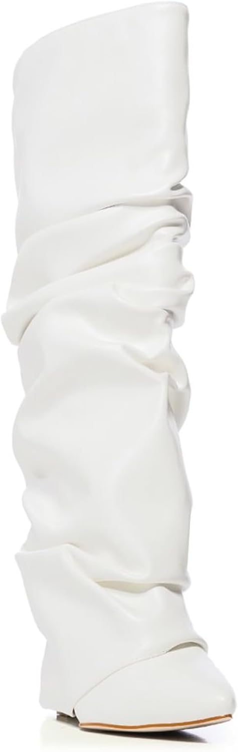 Yishaweiqi Slouched Ruched Fold Over Boots for Women Covered Wedge Heel Patent Leather Knee High Boots Wide Calf Pointed Toe Casual Boots - Image 3