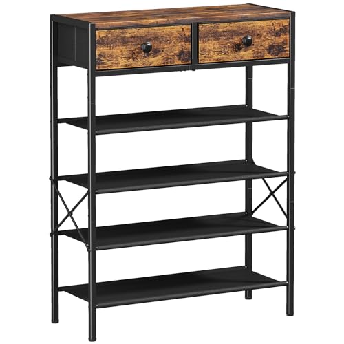UNITSTAGE Shoe Rack, 5 Tier Shoe Storage Organizer with 2 Drawers, 16-20 Pairs of Shoes for Entryway, Metal Shoe Shelf with 4 Fabric Shelves and Wooden Top, Shoe Stand for Closet Rustic Brown