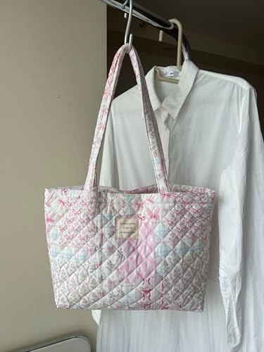 Image of Floral Quilted Cotton Shoulder Bag for Women Medium Size Handbag Large Capacity Thickened Design Tote