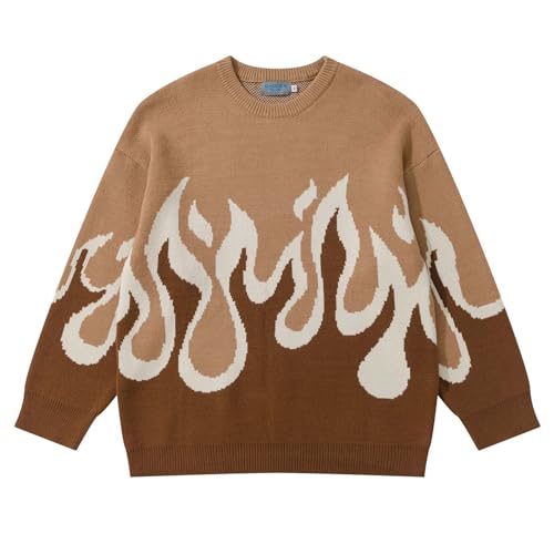 Pull pour hommes tricot marron à motif graphique flamme taille L col rond
