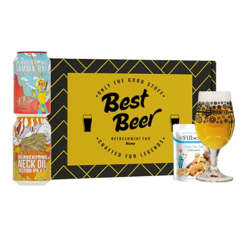 Personalised Beavertown British Craft Beer Gift Set – 2 x 330ml Cans (Gamma Ray & Neck Oil) with Beerhunter Glass & Mr Filberts Snacks | Custom Beer Gift for Him or Her