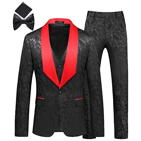 MOGU Mens 3 Piece Tuxedo Slim Fit Jacquard Floral Vintage Groomsmen Wedding Prom Suit Blazre 44 / Pants 40 Black Cover