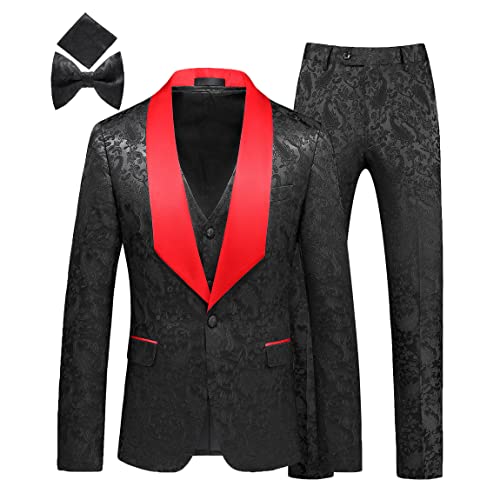 MOGU Mens 3 Piece Tuxedo Slim Fit Jacquard Floral Vintage Groomsmen Wedding Prom Suit