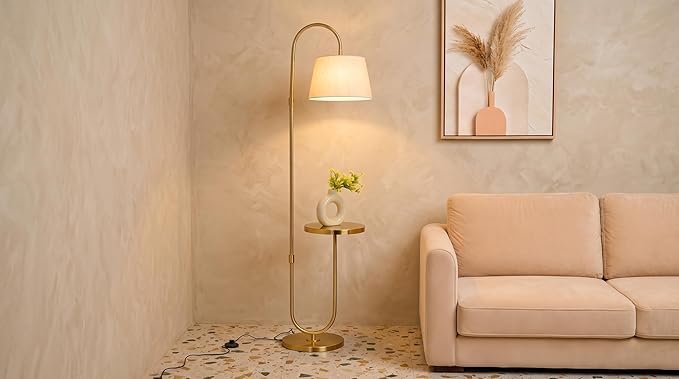 Modern Table Shelf LED Floor Lamp Standing Brass Antique Gold Finish 5ft Height with Shelf Diameter 12inches Home Decoration, Living Room and Beige Lampshade (Pack of 1) (Beige)-image-34