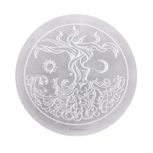 Image of Certified Selenite Crystal Charging Plate, 4 Inch Engraved Tree of Life Selenite Plate for Crystal Cleansing Re-Energy Work, Meditation and Pooja