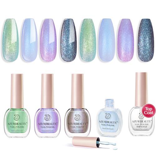 AZUREBEAUTY Nail Polish Set, 4 Colors Chameleon Green Glitter Purple Blue Holographic Spring Quick Dry Natural Fingernail Lacquer Strengthening Aurora Shimmer Kit with Top Coat DIY Salon at Home