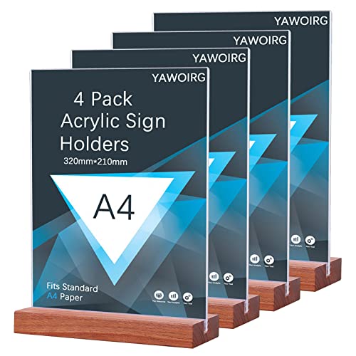 YAWOIRG A4 Acrylic Sign Holders,4 Pack Clear Plastic Display Stands,T-Shape Double Sided Menu Holder for Restaurant,Poster Sign Display Stand for Hotel Bar Coffee Shop