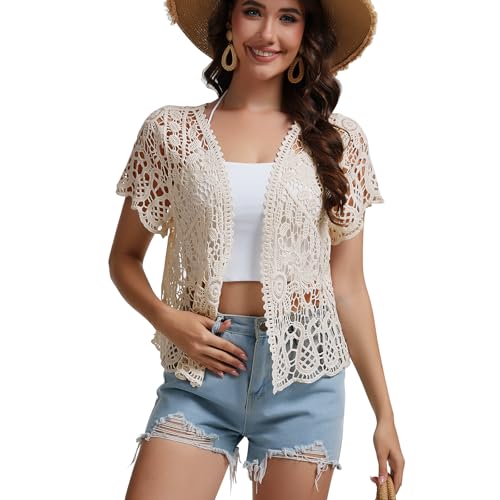 SMDPPWDBB Women’s Short Sleeve Lace Shrugs Bolero Cardigan Crochet Sheer Crop Jacket Beige by SMDPPWDBB - Used condition - Image 2