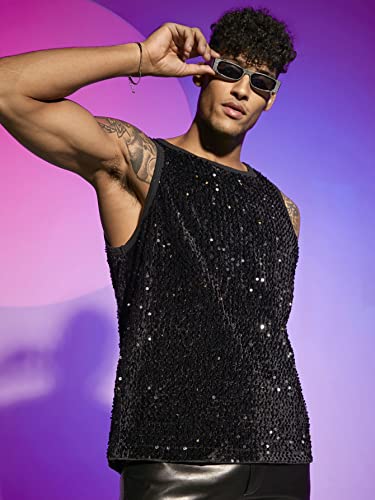 Gorglitter Men's Sleeveless Contrast Binding Sequin Tank Top Round Neck Party Shirt Black Large #TOP3