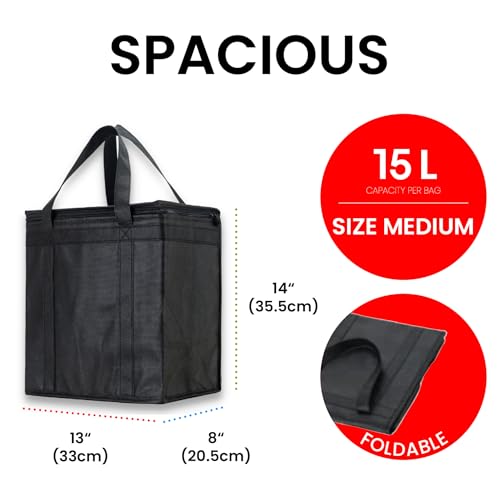 Image of NZ home Insulated Bags for Food Delivery (Medium) Grocery Shopping Cooler Bag, Pizza Delivery, Hot & Cold Catering Tote, Reusable, Foldable & Heavy Duty (Black)