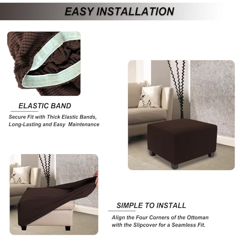 Image of NeColorLife Stretch Ottoman Cover Square Oversized Soft Knitted Jacquard Thick Covers for Large Square Ottoman Storage Stool Furniture Protector Brown X-Large