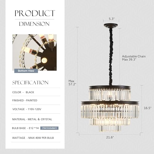 brfaixla 21.6" 14-Light Modern Crystal Chandelier Light Fixtures 4-Tier Black Luxury Chandeliers for Dining Room Round Hanging Pendant Lighting for Living Room Kitchen Entryway Bedroom Foyer Hallway — view 2