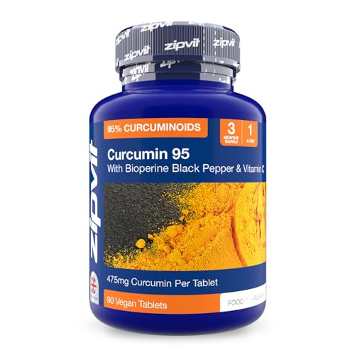 Zipvit Curcumin 95 with Bioperine, Turmeric Curcumin Supplement with 95% Active Curcumin. 90 Vegan Tablets, 3 Months Supply. Vegetarian Society Approved Curcumin Supplement.