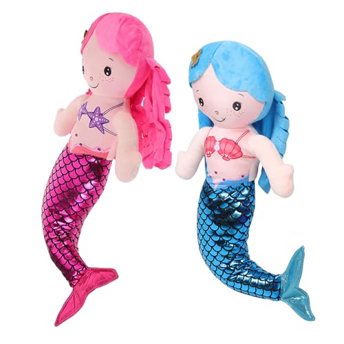 MOLUCKFU 2 Peluches de Sirena para Niñas, Almohadas Decorativas Infantiles de Peluche de Sirena Pequeña, Muñecas de Dibujos Animados 30 Cm Azul y Rojo, Juguetes Suaves para Habitación