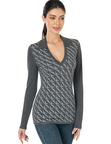 Image of AmelieBoutik Women Collar Deep V Neck Knit Plaid Front Houndstooth Long Sleeve Sweater Top