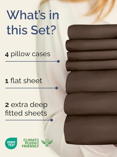 Image of Extra Deep Split King Sheet Set - 7 Piece Breathable Cooling Sheets - Brown | Hotel Luxury Bed Sheets Set, Easy & Secure Fit, Ultra-Soft, Wrinkle & Fade Free, Comfy Sheets Set with Extra Deep Pockets