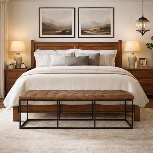 Image of HomePop 58 inch Large Upholstered Bench - Light Brown PU Leather