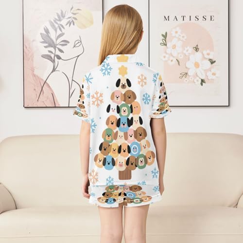 Satin Pajama Sets Short Sleeve Christmas Tree with Dogs Button Down Silky Nightwear 2 Piece PJS 5-14Y4