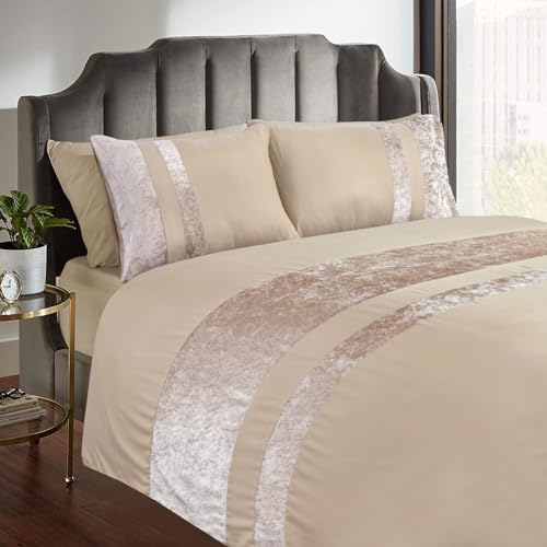 Casabella Luxury Crushed Velvet Panel Band Duvet Cover Sets with Pillow Case Super King Duvet Cover Bedding Set – Beige Crush Velvet Super King Duvet CoverSets