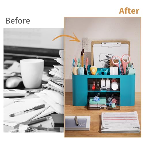 Image of Marbrasse Pen Organizer with 2 Drawer, Multi-Functional Pencil Holder for Desk, Desk Organizers and Accessories with 5 Compartments + Drawer for Office Art Supplies (Dark Green)
