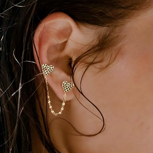 FETTERO Gold Chain Earrings for Women, 14K Gold Plated Hypoallergenic Earring for Multiple Piercing, Tassel Chain Heart Pendant Double Piercing Stud Earrings | Charm Gold Earring for Women
