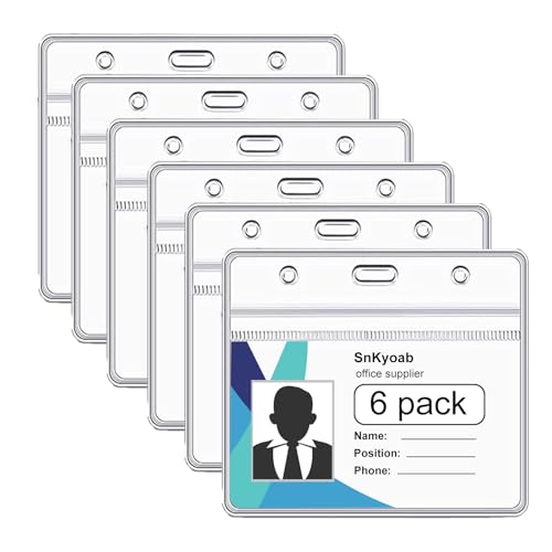 6 Pack Horizontal Badge Holders Plastic with Resealable Zipper, Waterproof ID Card Holder&Name Tag Holder for Office&School, Fits ID Card-Credit Card-Driver’s License (2.4 x 3.7 Inches)